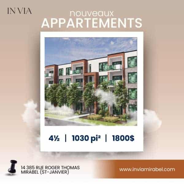 Appartement neuf 4½ à Mirabel, idéal pour famille ou professionnel, avec espaces lumineux, finitions modernes et proximité des commodités.