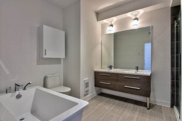 Salles de bains spacieuses et lumineuses, design épuré, équipements modernes, ambiance confortable, miroir grand format, luminaires élégants, espace fonctionnel, confort optimal, style contemporain, aspirant à la qualité.
