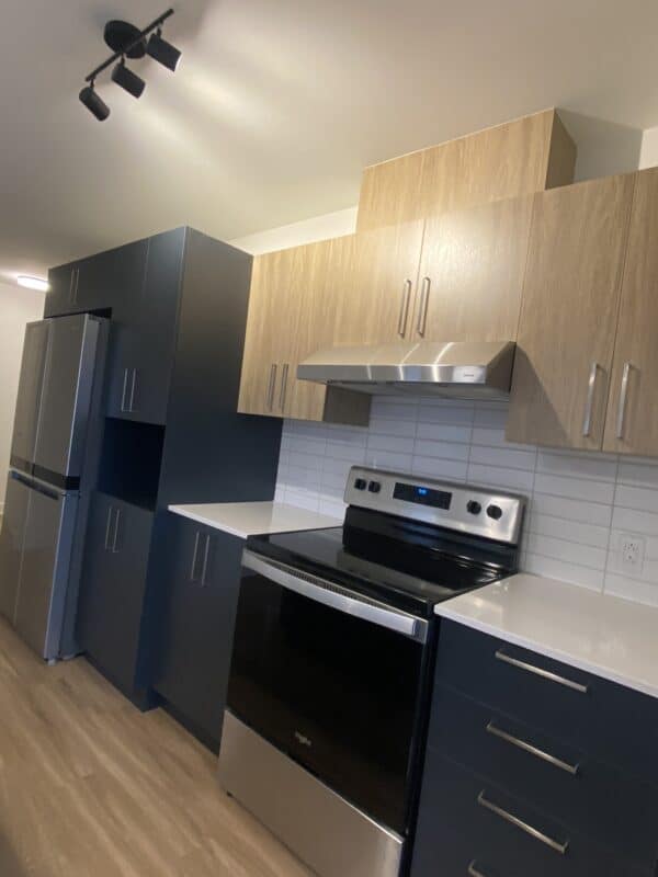 Cuisine contemporaine avec électroménagers en acier inoxydable, armoires en bois clair et meubles de rangement optimisés. Parfait pour la gestion locative et l’investissement immobilier.