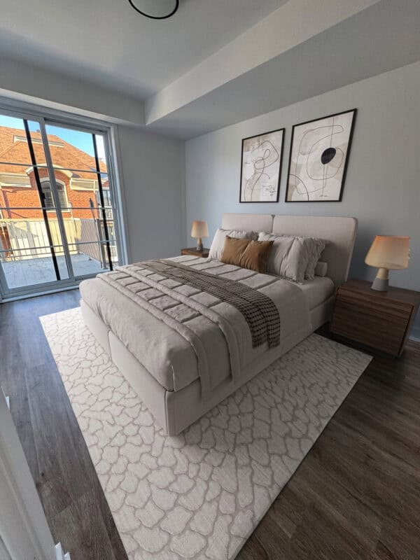 Modern bedroom with outdoor view, contemporary furniture, minimalist decor.