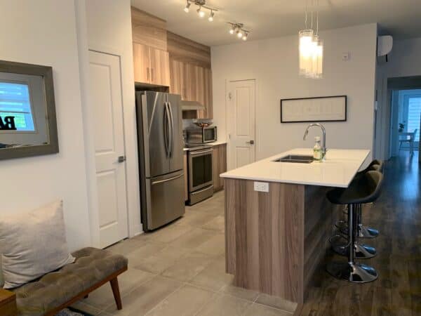 Cuisine moderne avec îlot central, électroménagers en acier inoxydable, espace convivial pour la gestion immobilière et la location. Design épuré, mobilier contemporain, parfait pour la gestion immobilière.
