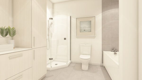 Salle de bain moderne avec douche, toilette et baignoire dans un appartement à louer à Laval, idéal pour un logement confortable et pratique.