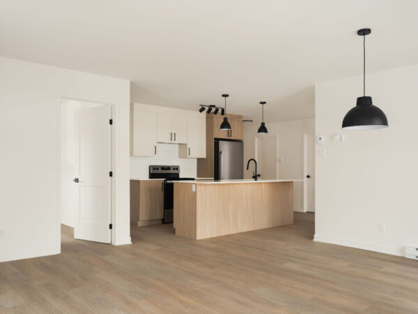 Balcon et cuisine ouverte dans un appartement spacieux à Brownsburg-Chatham.