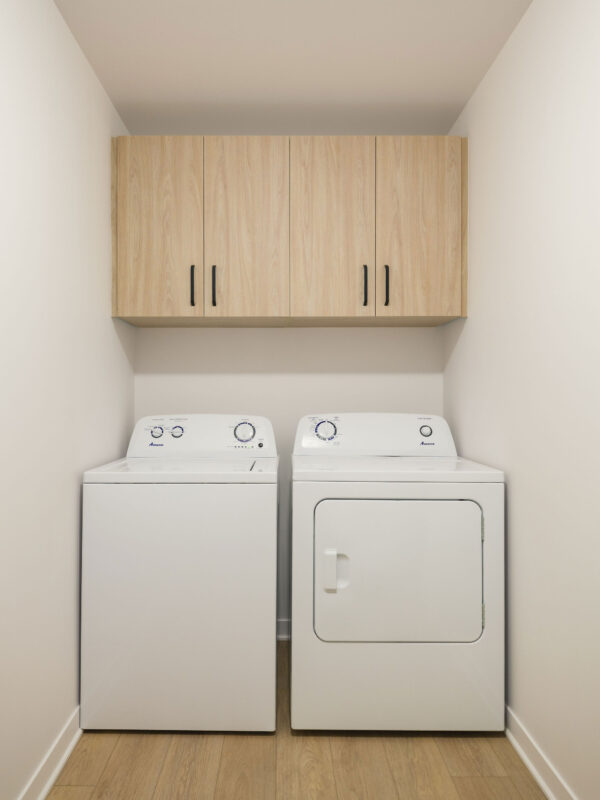 Coin buanderie avec lave-linge et sèche-linge dans un appartement à Brownsburg-Chatham, offrant une gestion immobilière efficace.