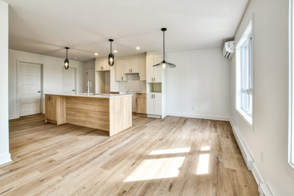 Appartement 3 chambres lumineux à Saint-Charles-Borromée, idéal pour famille, avec cuisine moderne, grand espace de vie et fenêtres offrant beaucoup de lumière naturelle.