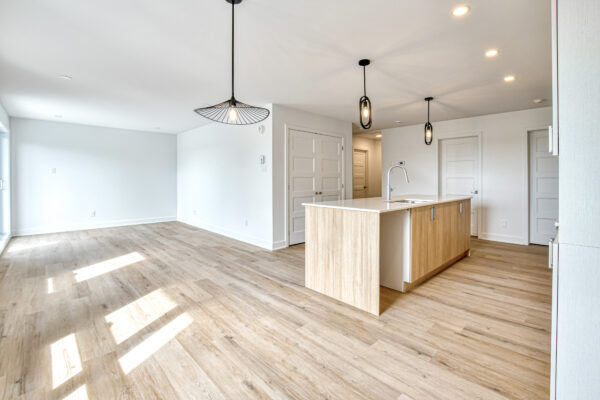 Appartement lumineux avec cuisine moderne et espace ouvert.