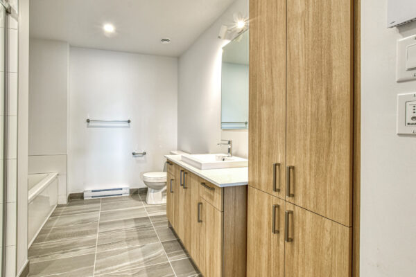 Vue d'une salle de bain moderne dans un appartement de 3 chambres à Saint-Charles-Borromée, avec mobilier en bois clair, lavabo, toilette et espace pratique.