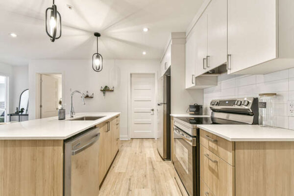 Appartement lumineux avec cuisine moderne et espace convivial à Saint-Charles-Borromée. Parfait pour un logement confortable en juillet.