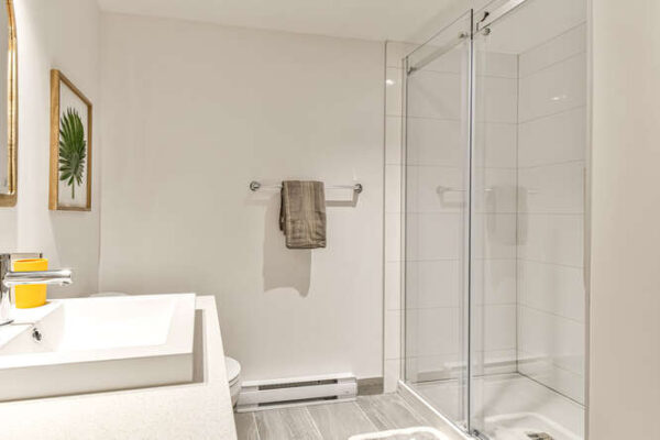Appartement 1 chambre moderne à Saint-Charles-Borromée, avec salle de bain élégante et douche en verre, idéal pour la gestion immobilière et la location.