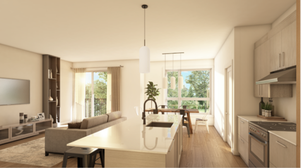 Balcon avec vue sur la nature, intérieur lumineux et moderne, cuisine ouverte, espace confortable pour vivre ou louer.