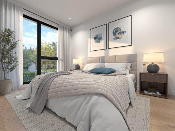 Balcon avec vue sur la nature, chambre moderne et lumineuse, décoration élégante, idéal pour location ou achat.