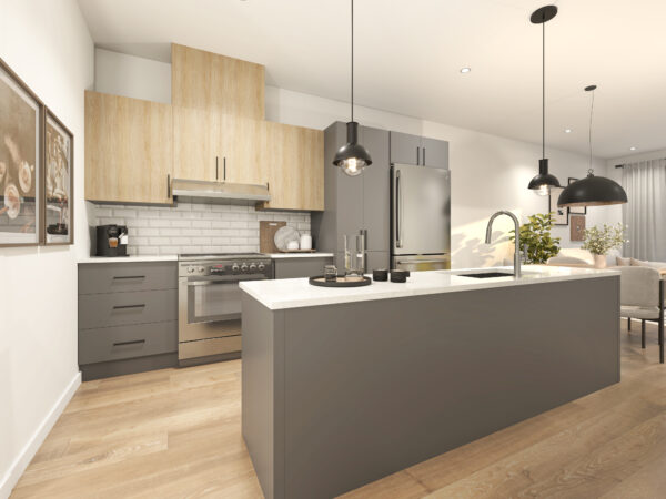 Appartement moderne avec cuisine équipée et îlot central, idéal pour un logement confortable à Deux-Montagnes.