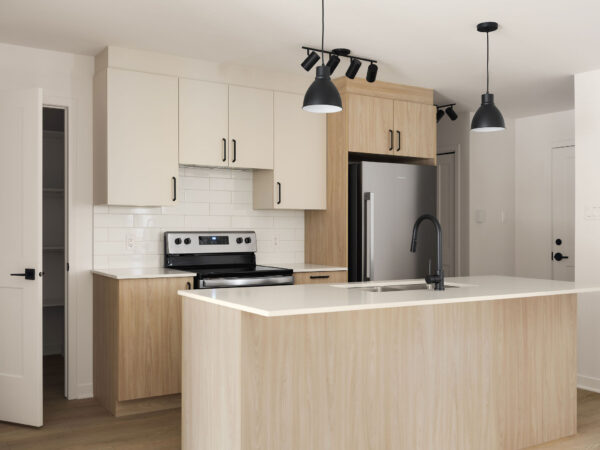 Cuisine moderne avec îlot central dans un appartement de 3 chambres à Brownsburg-Chatham, offrant un espace lumineux et fonctionnel pour la vie quotidienne.