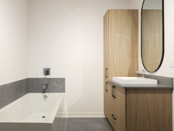 Salle de bain moderne avec baignoire et meuble lavabo en bois dans un appartement de Brownsburg-Chatham.