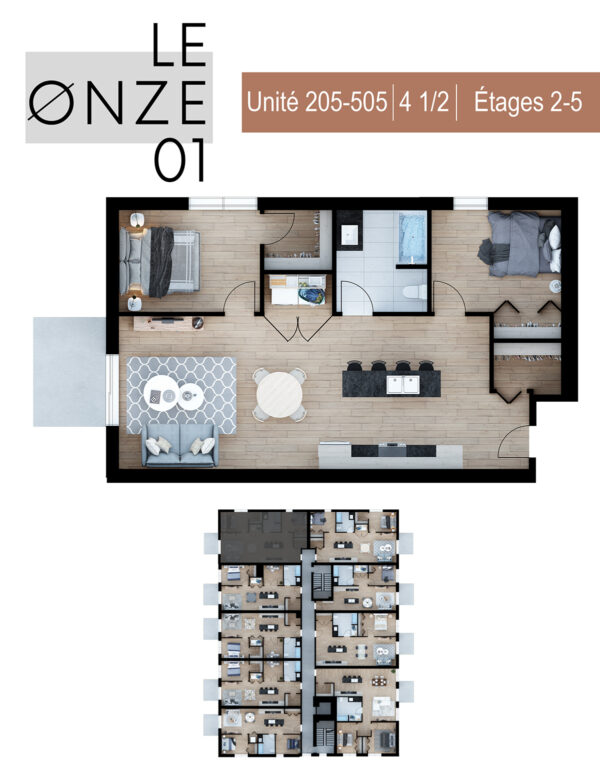 Appartement 2 chambres lumineux avec vue sur Deux-Montagnes, situé au 4e étage, offrant un espace moderne et confortable pour votre famille.
