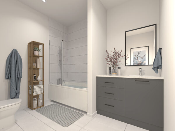 Balcon moderne avec salle de bain élégante et espace de rangement pratique.
