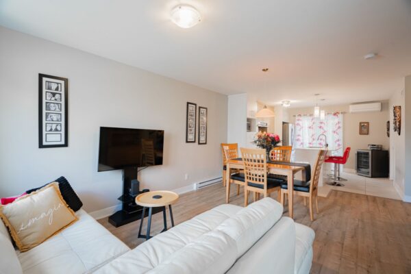 Appartement lumineux avec salon, salle à manger et cuisine ouverte.
