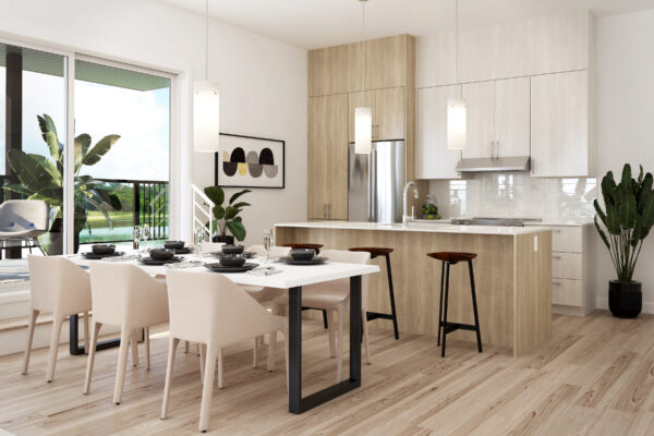 Appartement 3 chambres moderne à Sainte-Adèle, idéal pour famille ou investisseurs, avec cuisine ouverte, espace lumineux et décoration élégante.