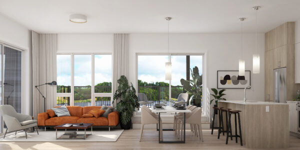 Appartement 2 chambres lumineux avec vue panoramique à Sainte-Adèle, idéal pour un séjour en juillet. Confort moderne, espace ouvert, et proximité des commodités.