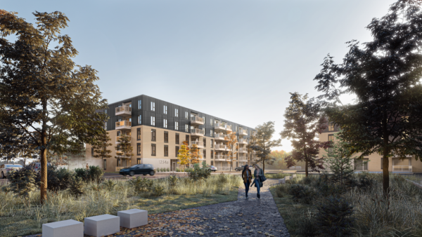 Vue extérieure d'un appartement de 2 chambres à Lachute, avec un bâtiment contemporain, un chemin piétonnier, et des espaces verts, idéal pour une location ou achat immédiat.