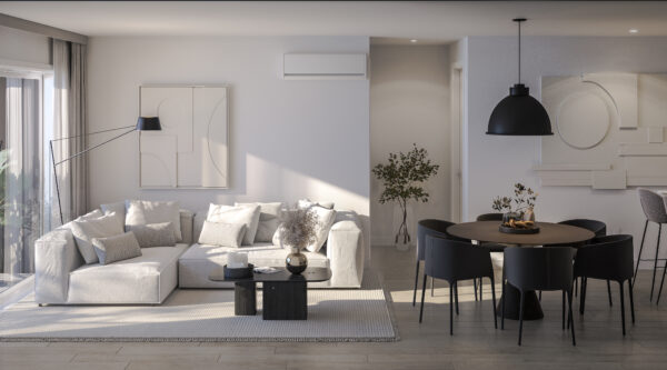 Balcon lumineux avec salon moderne et salle à manger élégante.