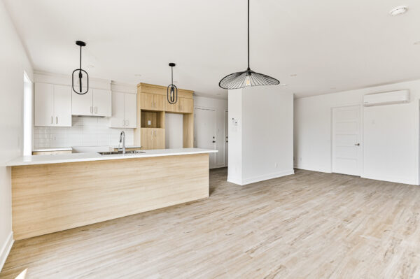 Appartement lumineux avec cuisine moderne et espace ouvert.