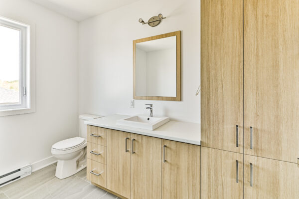 Appartement 2 chambres lumineux à Sainte-Julienne, idéal pour famille ou couple, avec salle de bain moderne, grand rangement, et fenêtres offrant une belle luminosité.