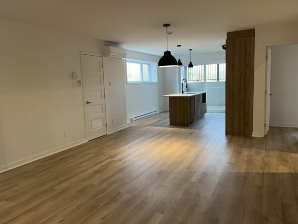 Appartement 2 chambres lumineux à Brownsburg-Chatham, idéal pour famille ou couple, avec espace ouvert, cuisine moderne et grande luminosité naturelle.