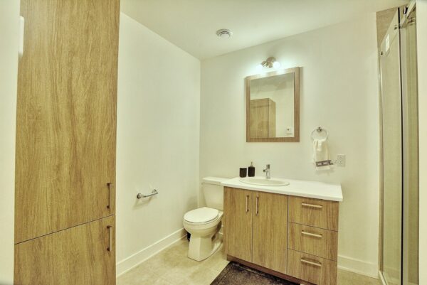 Salle de bain moderne avec meuble en bois et miroir lumineux.