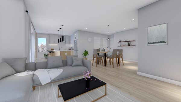 Vue intérieure d'un appartement moderne de 2 chambres à Saint-Donat-de-Montcalm, avec salon lumineux, cuisine ouverte et décoration contemporaine, idéal pour la gestion immobilière.
