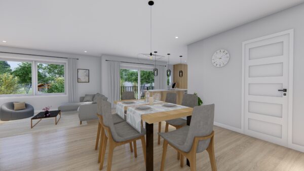 Intérieur lumineux d'un appartement de deux chambres à Saint-Donat-de-Montcalm, avec salon spacieux, salle à manger moderne et grande fenêtre offrant une vue sur la nature.