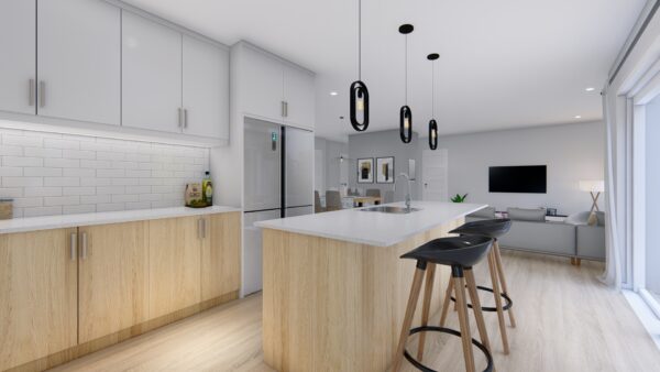Cuisine moderne avec îlot central, meubles blancs et plancher en bois clair dans un appartement de Saint-Donat-de-Montcalm.