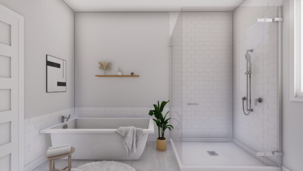 Salle de bain contemporaine avec douche à l'italienne et baignoire dans un appartement à Saint-Donat-de-Montcalm, parfait pour un logement confortable et fonctionnel.