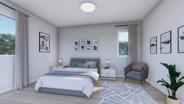 Chambre lumineuse avec lit double, fenêtres avec vue sur la nature, décoration moderne, idéale pour un appartement de deux chambres à Saint-Donat-de-Montcalm.