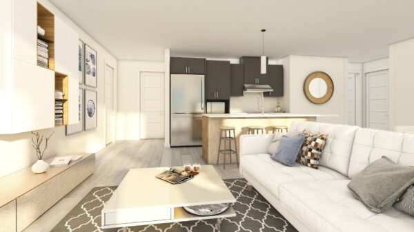 Appartement 1 chambre lumineux à Sainte-Agathe-des-Monts, idéal pour résidence ou location saisonnière, avec cuisine moderne, salon confortable et décoration élégante.