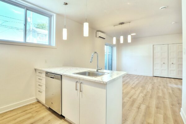 Appartement 1 chambre lumineux à Saint-Jacques, idéal pour vivre confortablement ou investir. Cuisine moderne avec comptoir en marbre, espace ouvert, grande fenestration, parfait pour un style de vie.