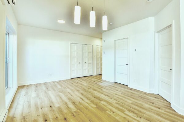 Balcon lumineux dans un appartement 1 chambre à Saint-Jacques, idéal pour location ou résidence principale, avec parquet en bois et espace moderne.