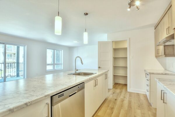Appartement moderne avec cuisine lumineuse et espace ouvert.