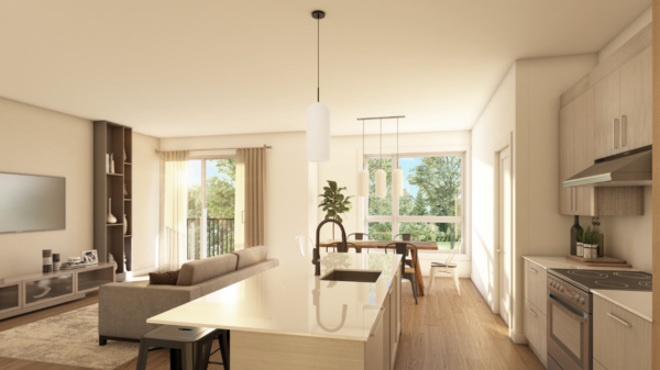 Vue intérieure d'un appartement de 2 chambres à Sainte-Agathe-des-Monts, avec salon lumineux, cuisine moderne et espace de vie accueillant, idéal pour la gestion immobilière.