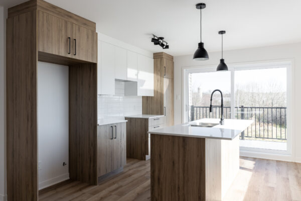 Appartement 2 chambres moderne à Brownsburg-Chatham, avec cuisine ouverte, îlot central, et grande baie vitrée offrant une vue dégagée. Parfait pour un style de vie confortable et pratique.