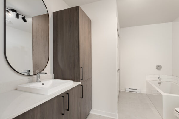 Vue d'une salle de bain moderne dans un appartement de 2 chambres à Brownsburg-Chatham, avec lavabo, miroir et baignoire, idéal pour la gestion immobilière.