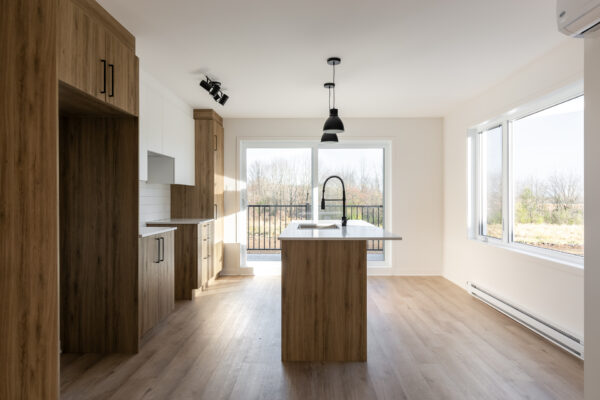 Appartement lumineux avec cuisine moderne et espace ouvert.