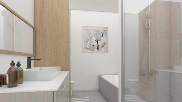 Vue d'une salle de bain moderne dans un appartement de deux chambres à Saint-Jérôme, avec douche, baignoire et décoration épurée, idéal pour la gestion immobilière.