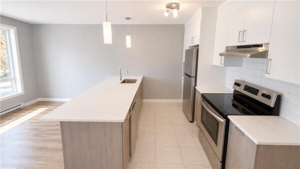 Cuisine moderne avec îlot central, électroménagers en acier inoxydable, espace lumineux et spacieux, idéal pour famille ou professionnels.