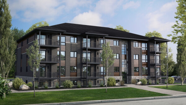 Appartement 2 chambres à louer à Mirabel, disponible à partir du 1er juillet, offrant un espace moderne et lumineux dans un bâtiment récent avec balcon privé et stationnement inclus.