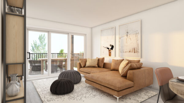 Balcon avec vue sur l'extérieur, salon moderne et confortable, décoration élégante, espace lumineux, idéal pour vivre ou louer.