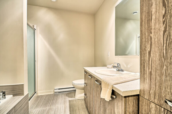 Appartement avec salle de bain moderne et espace lumineux à Mirabel, disponible à partir du 1er juillet. Parfait pour un logement confortable et pratique dans la région.