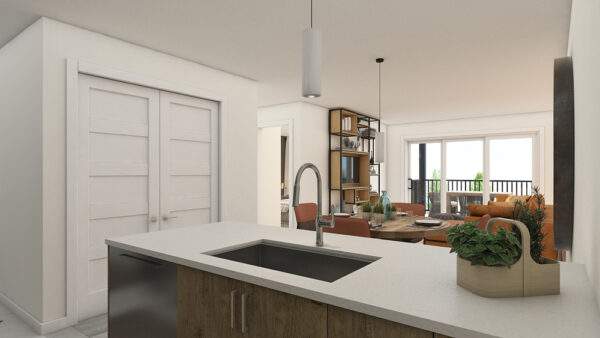 Vue intérieure d'un appartement moderne de 2 chambres à Saint-Jérôme, avec cuisine ouverte, salon lumineux et balcon offrant une belle vue. Parfait pour une vie confortable.