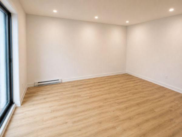 Vue intérieure d'un salon lumineux avec sol en bois clair, murs blancs et grande fenêtre donnant sur l'extérieur, idéal pour un logement confortable.