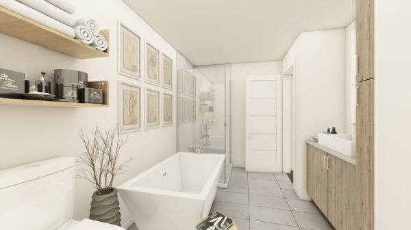 Intérieur d'un appartement 1 chambre à Sainte-Agathe-des-Monts, avec salle de bain moderne, douche vitrée, et mobilier épuré, idéal pour la gestion immobilière.